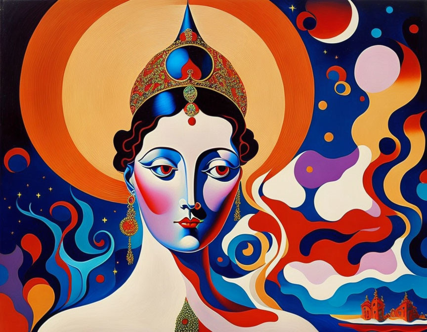 Vibrant painting: woman with crown, celestial background, fantasy and surrealism blend