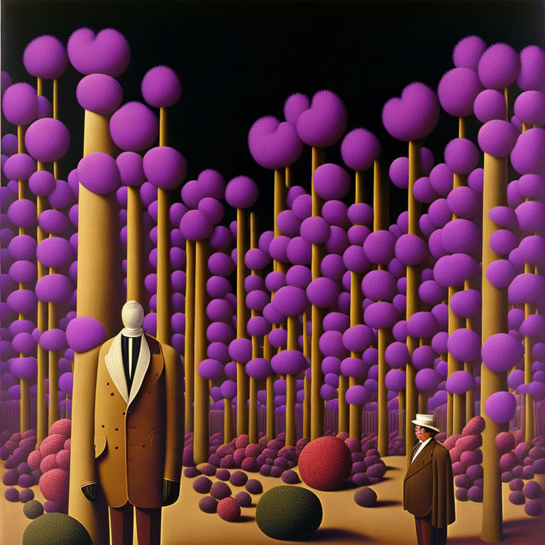 Faceless male figures in surreal forest with magenta trees and scattered orbs