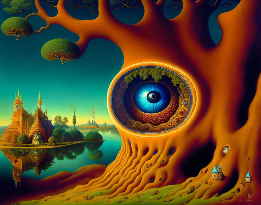 Surreal painting of giant tree with eye, floating islands, and Gothic structures near water.