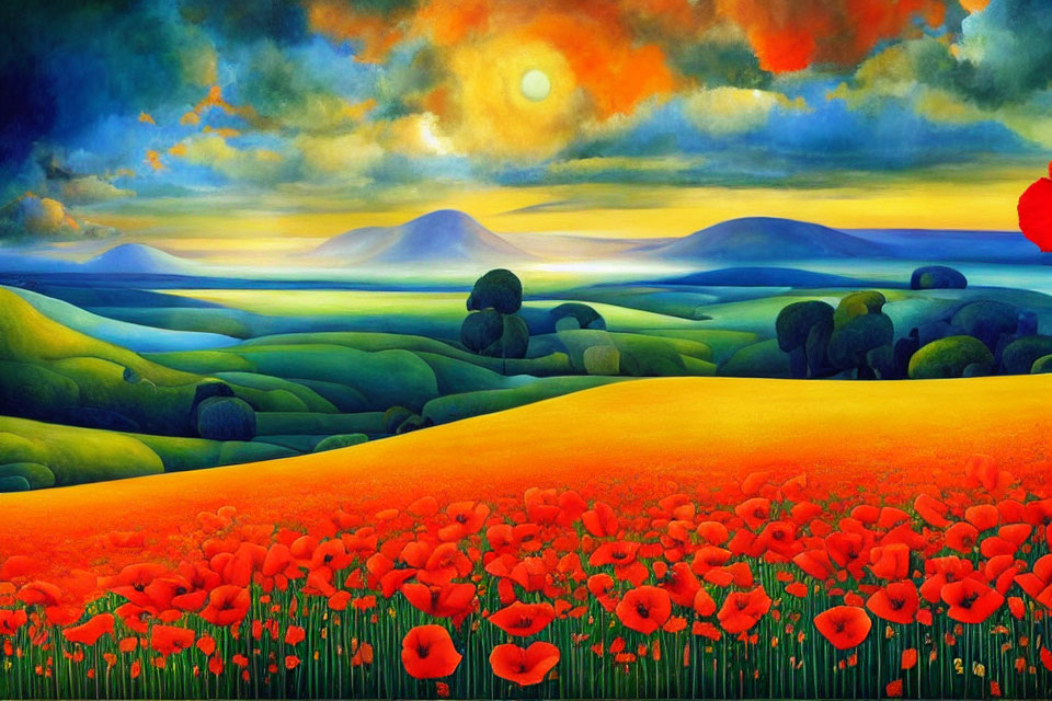 Colorful Poppy Field Painting with Sunset Sky