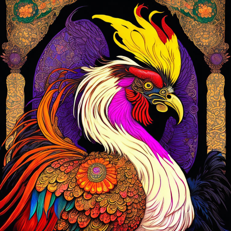 Colorful Rooster Illustration in Art Nouveau and Psychedelic Style