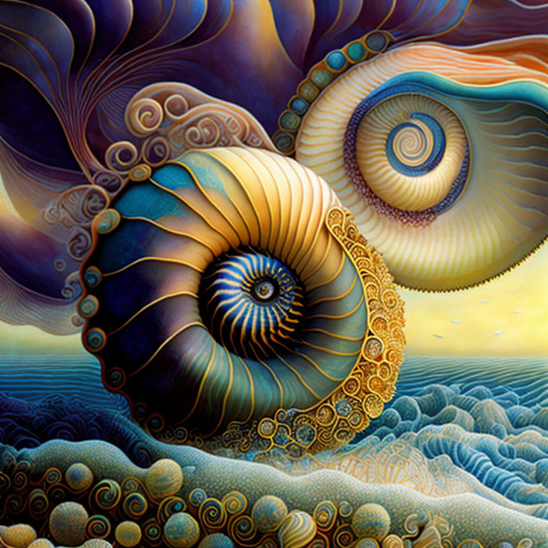 Colorful surreal artwork: Detailed spiral shells in a harmonious sea and sky swirl