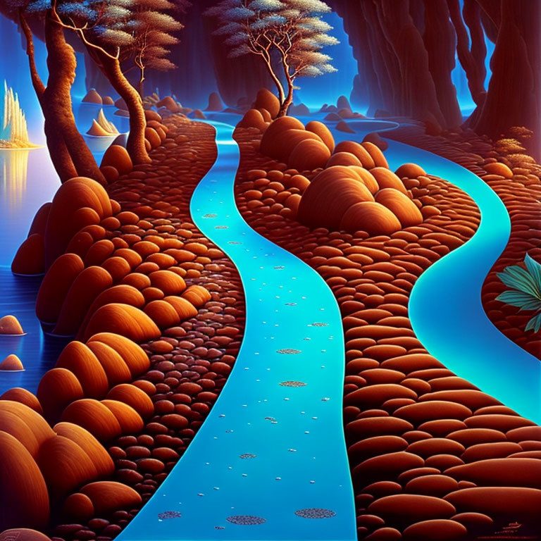 Colorful surreal landscape with blue river and orange rocks