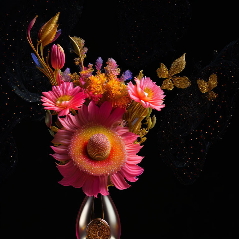 Colorful digital art: bouquet of stylized flowers in metallic vase on dark background