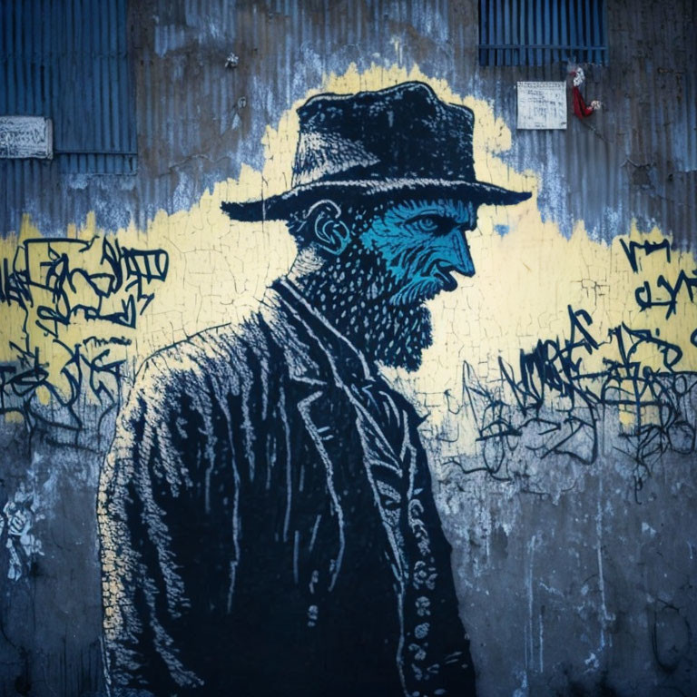 Bearded man in hat graffiti on wall with yellow highlights