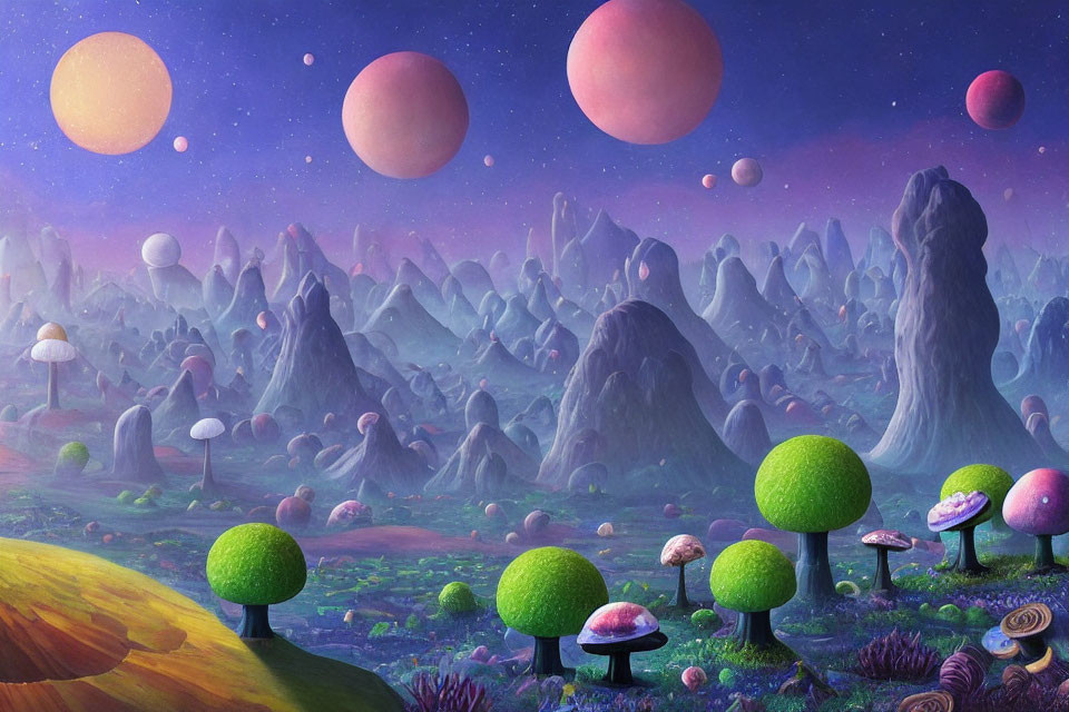 Colorful Landscape with Round Trees and Pink Orbs in Alien World