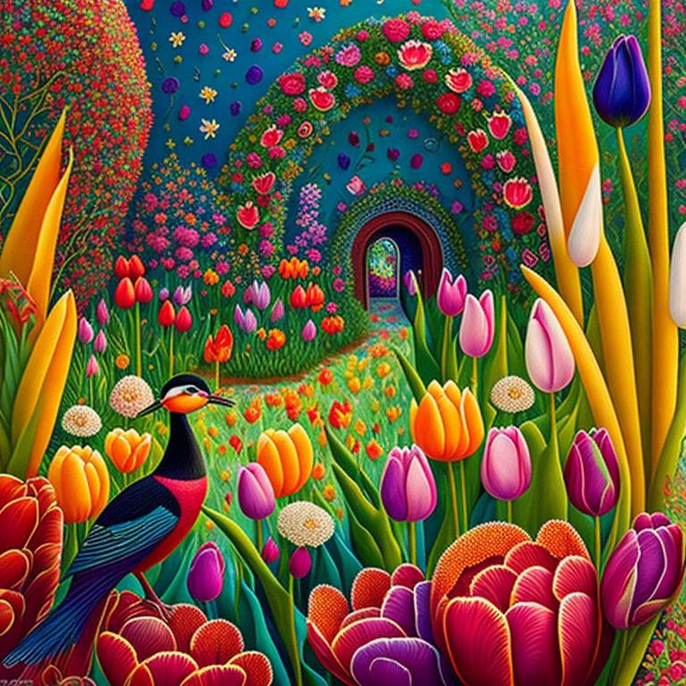 Colorful tulips, peacock, and floral arch in lush garden illustration