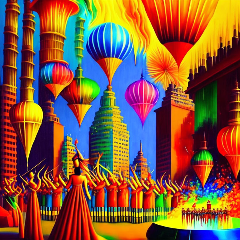 Colorful painting: Hot air balloons over futuristic cityscape