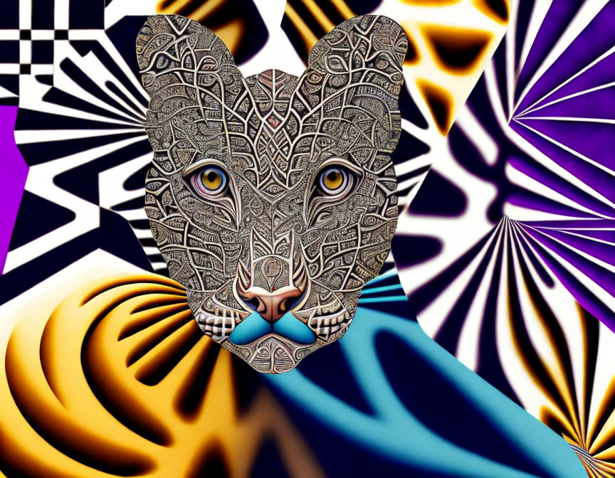 Colorful Leopard Head Digital Art Against Abstract Psychedelic Background