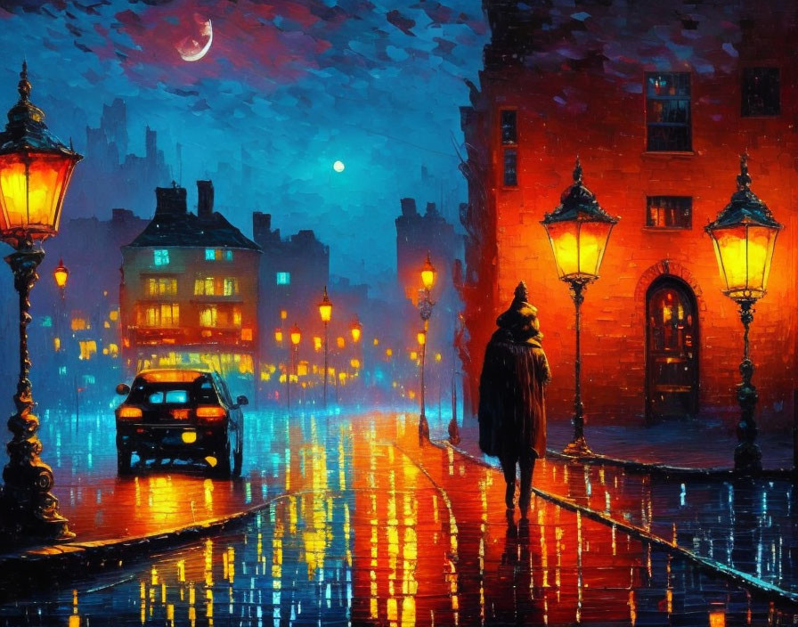 Person walking on rain-slicked cobblestone street under glowing lamp posts