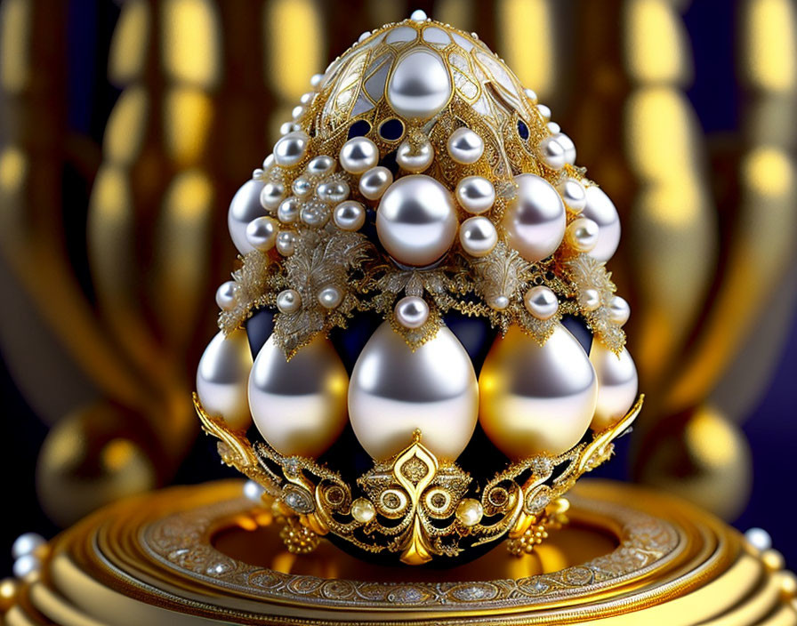 Luxurious Golden Egg with Pearls and Filigree Patterns on Blurred Golden Background