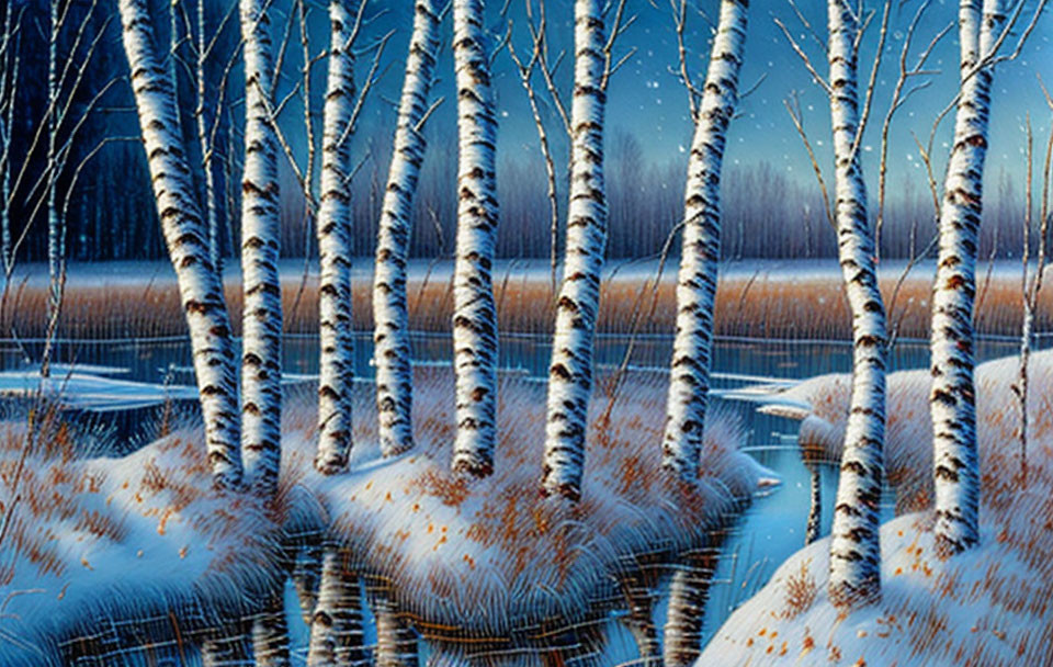 Snow-covered white birch trees by frozen water in winter dusk or dawn