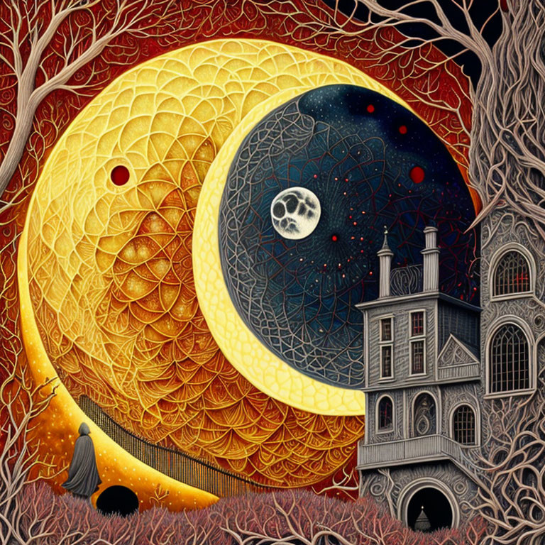 Cloaked Figure in Split Day and Night Landscape with Sun, Moon, Trees, and Victorian House