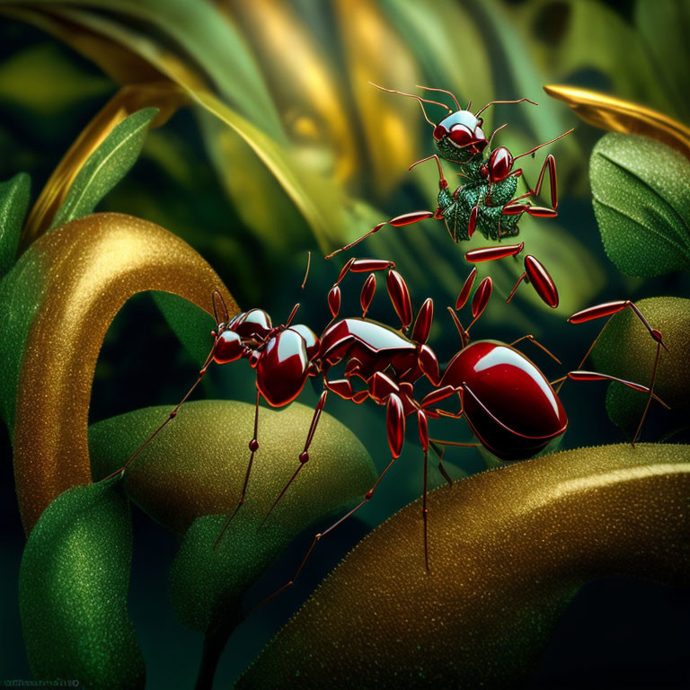 Stylized red ants with exaggerated features on green leaves and golden coils