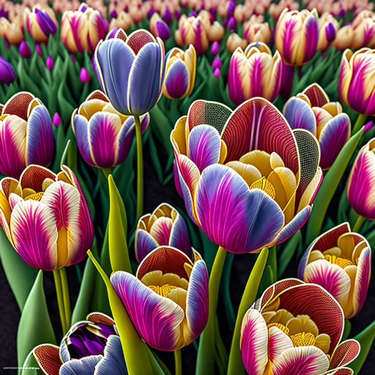 Colorful Stylized Tulip Field in Purple, Yellow, and Red