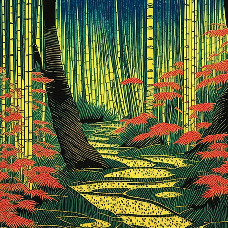 Bamboo forest illustration with winding path under starry sky