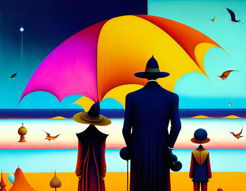 Colorful Umbrella Silhouettes in Surreal Landscape