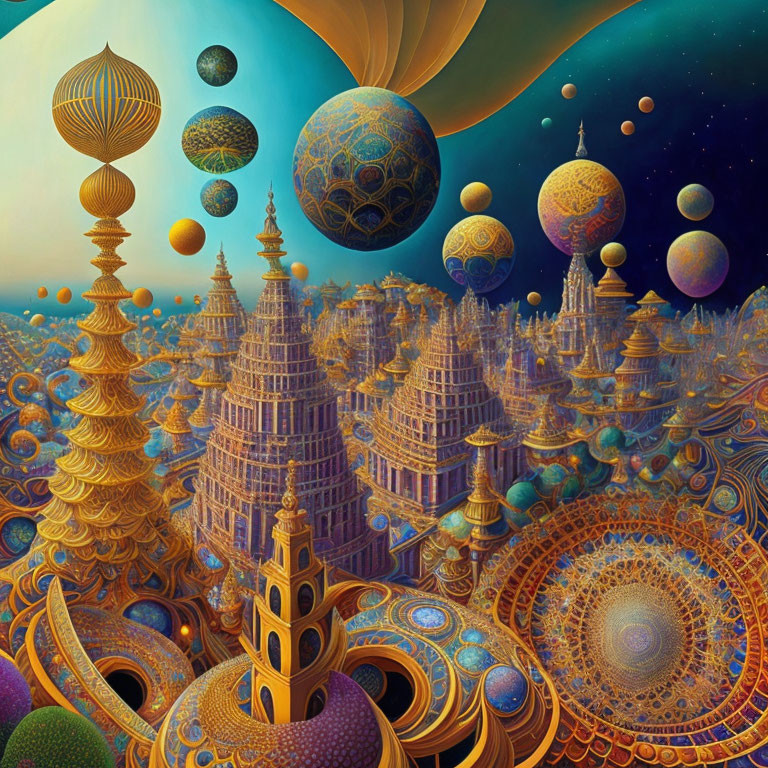 Colorful cosmic landscape with intricate structures and floating spheres