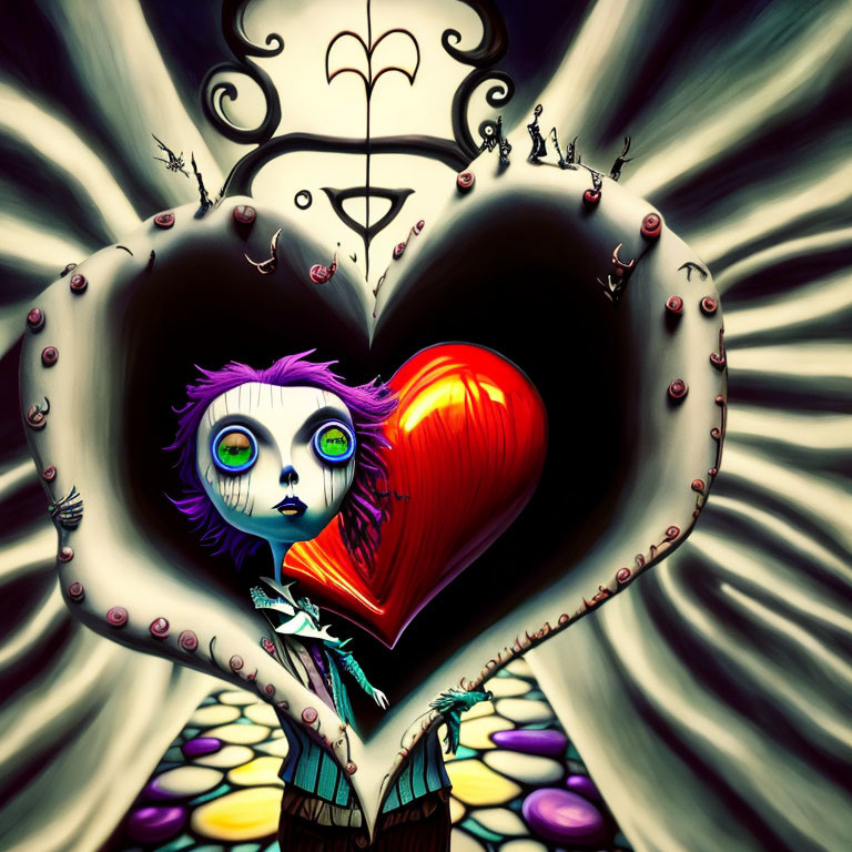 Stylized gothic doll character holding red heart in heart-shaped frame