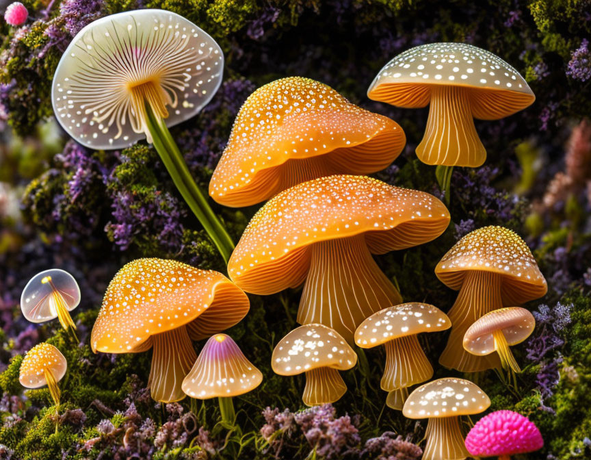 Colorful Orange and Yellow Speckled Mushrooms with Visible Gills on Mossy Background