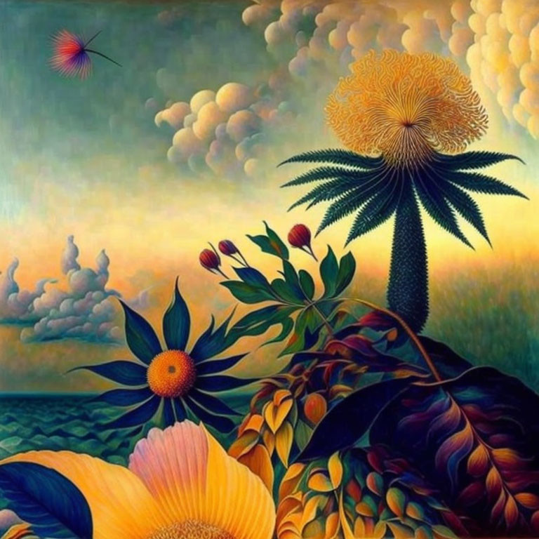 Vibrant surrealistic painting of fantasy landscape with oversized plants and dreamy sky