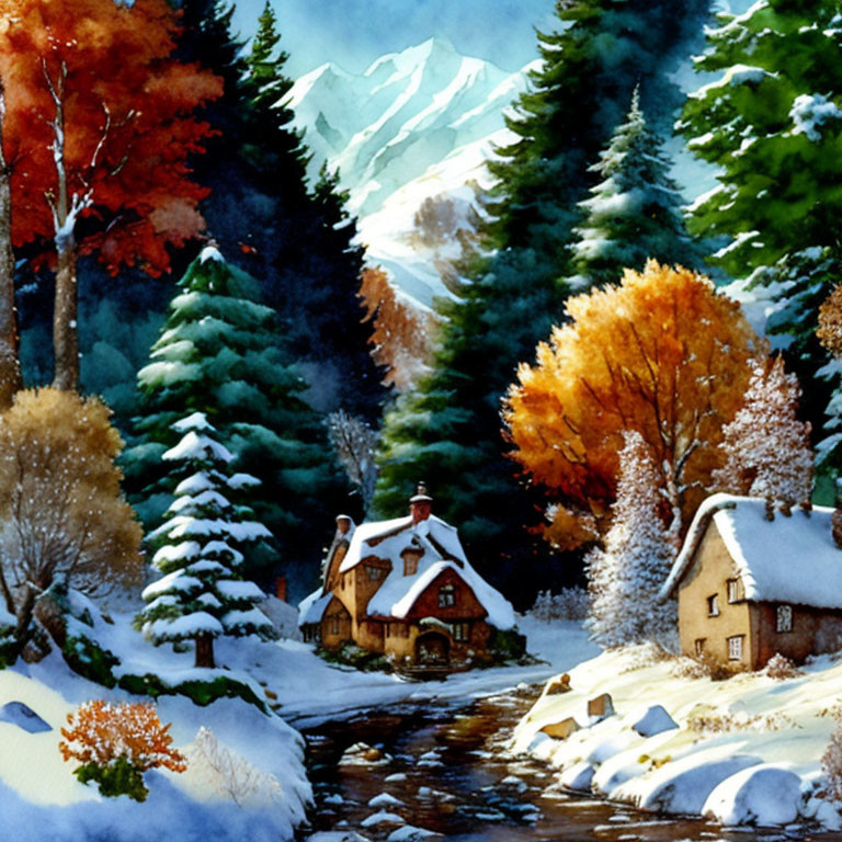 Snow-covered cottages, stream, evergreens, autumn leaves, distant mountains