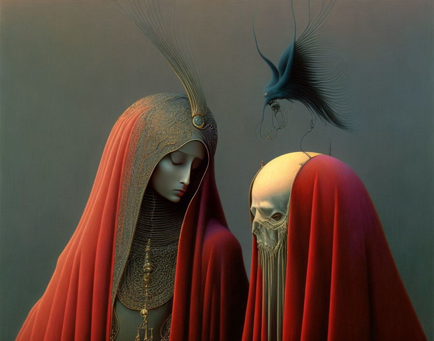 Surreal red cloaked figures with ornate headpieces under bird-like entity