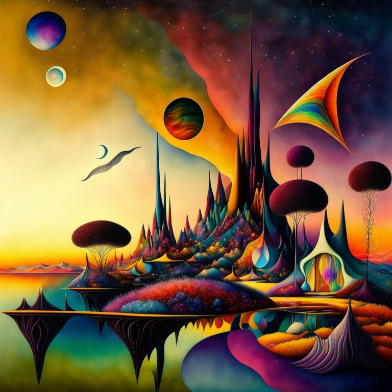 Colorful surreal landscape with stylized flora, planets in the sky, and a bird-like figure.