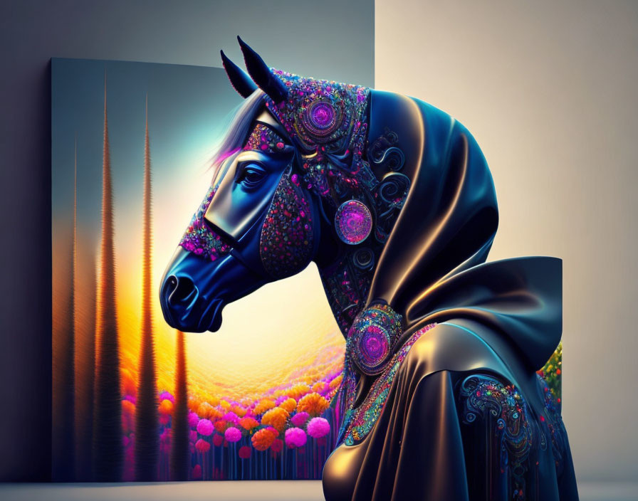 Colorful Stylized Horse Artwork Against Abstract Landscape