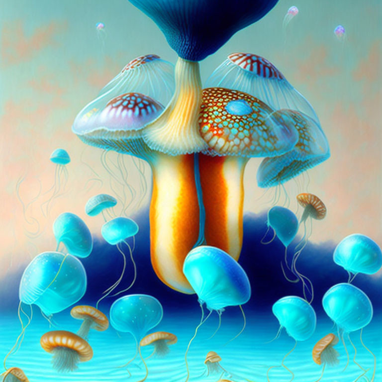 Colorful Surreal Artwork: Oversized Mushrooms and Jellyfish in Dreamlike Underwater Scene