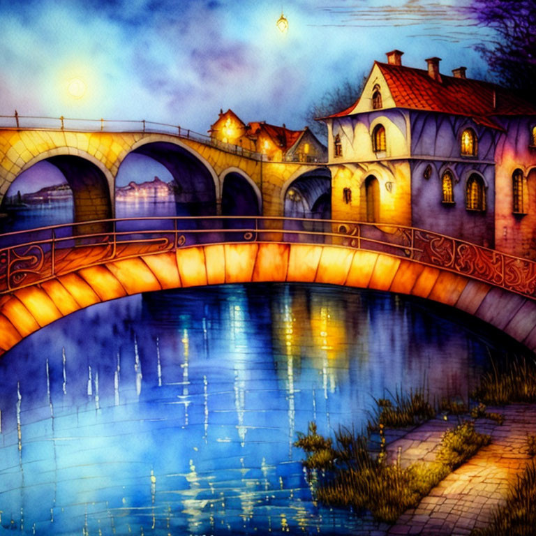 Vibrant illustrated scene: quaint town at dusk with bridge, river, lanterns, colorful houses