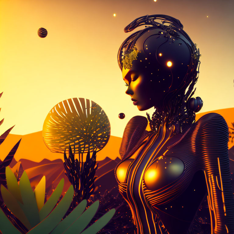 Futuristic digital art of female humanoid in alien flora at sunset