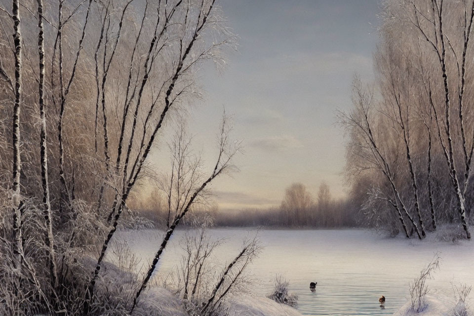 Tranquil winter scene with snow-covered riverbank, birch trees, ducks, and soft glow