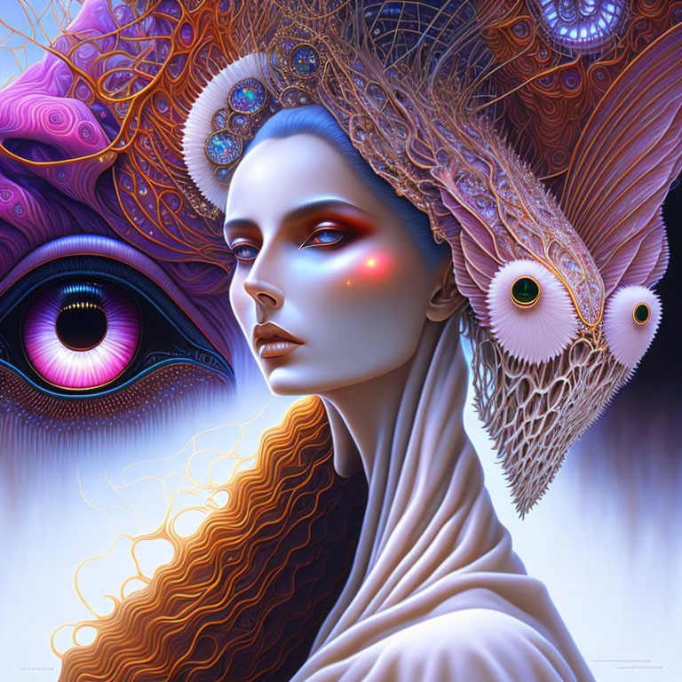 Colorful surreal portrait of a woman with intricate headwear and peacock feathers.