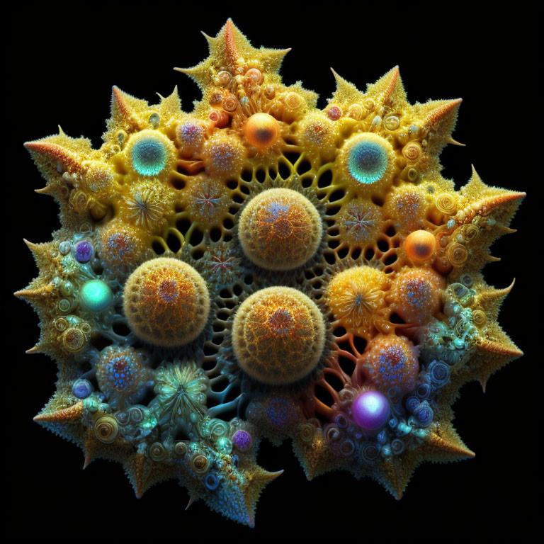 Colorful fractal artwork of intricate spheres on dark background