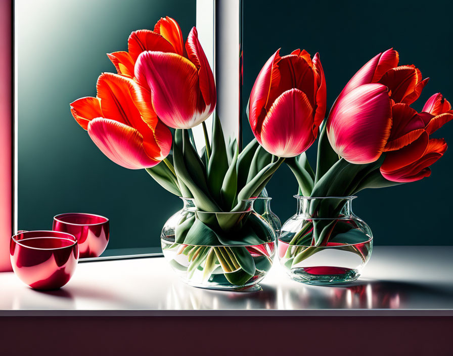 Bright Orange Tulips in Clear Vases with Red Candle Holders