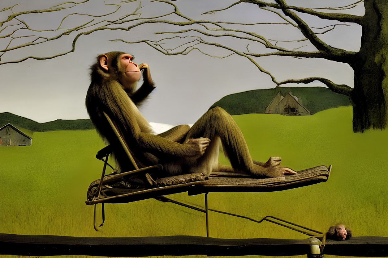 Two monkeys in a tranquil outdoor setting with a recliner, tree, and houses in the background.