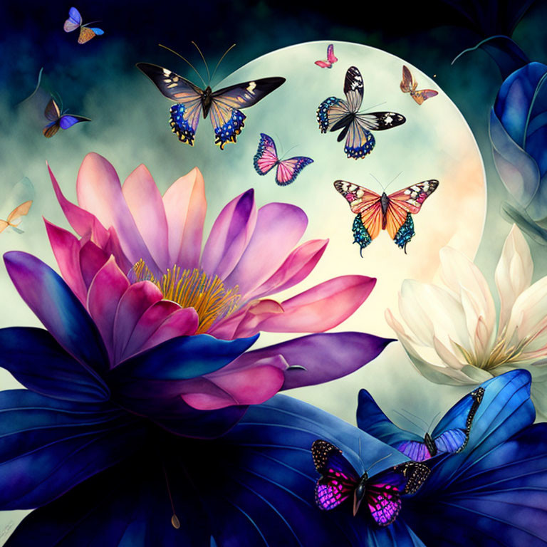 Colorful Butterflies and Flowers under Full Moon