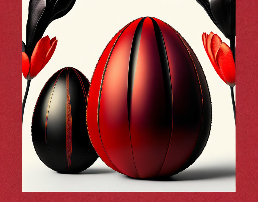 Glossy Easter eggs with red and black designs and zipper detail, surrounded by stylized tulip