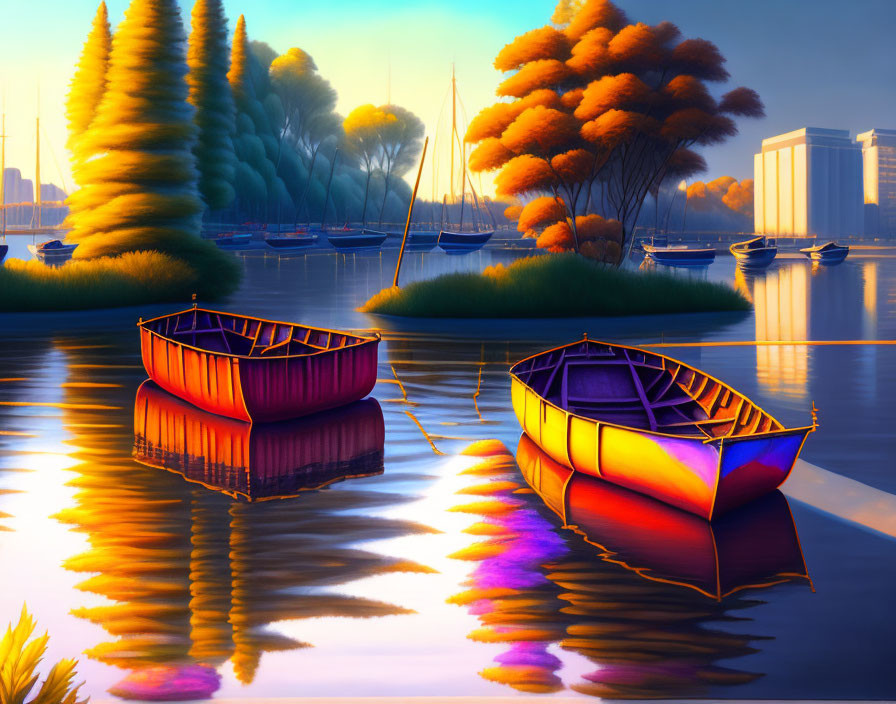 Colorful boats on calm lake with sunset reflections, trees, and buildings.