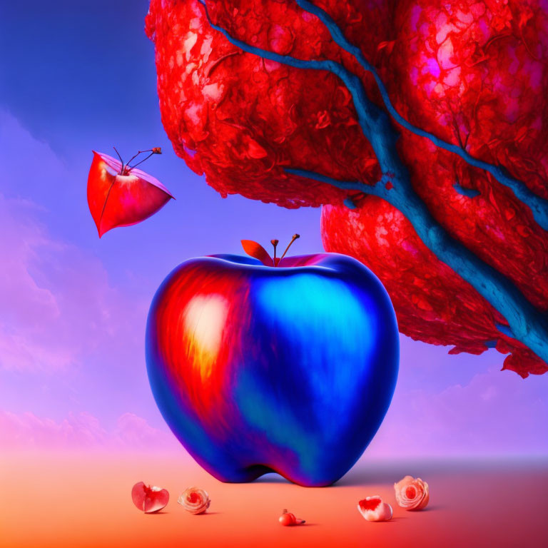 Colorful surreal image: Large red-blue apple under tree with flying apples on purple-to-orange sky.