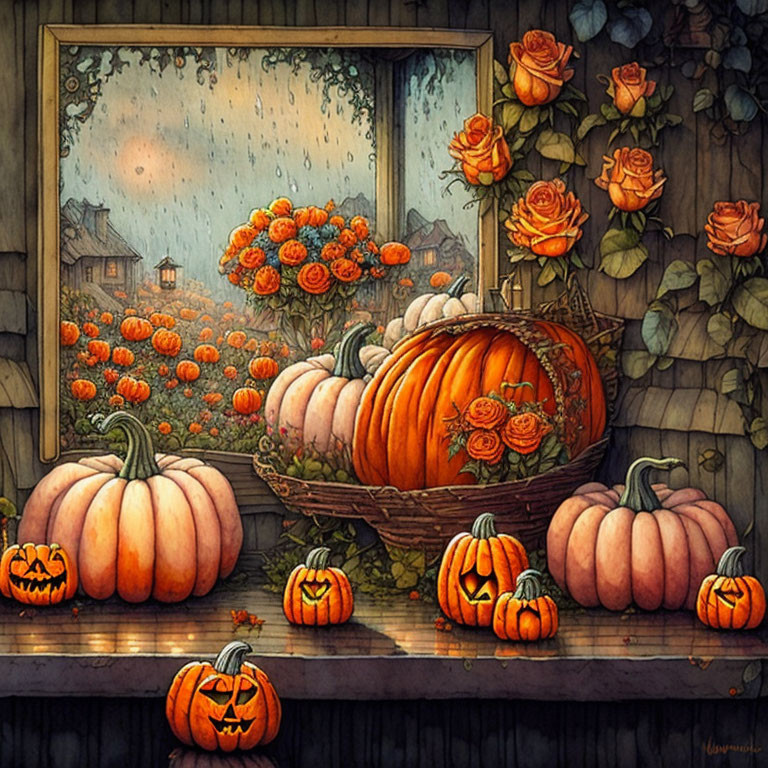 Autumn illustration with pumpkins, roses, raindrops, ivy under twilight sky