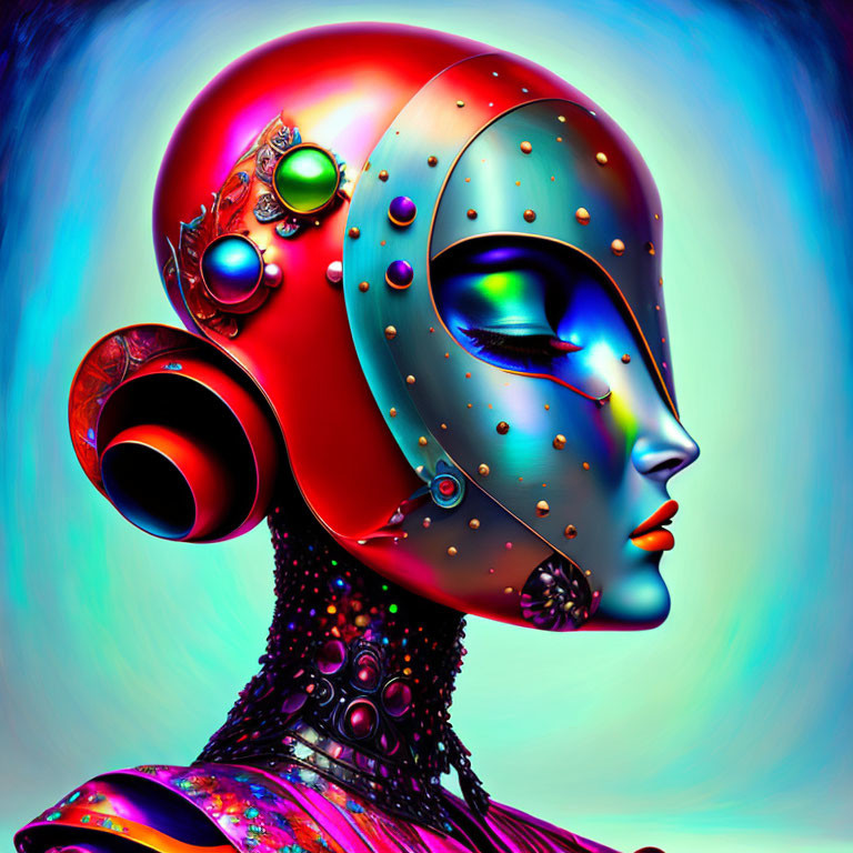 Vibrant Female Humanoid Robot Art on Radiant Blue Background