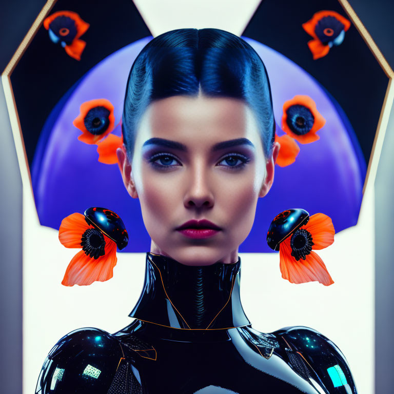 Symmetrical portrait of a woman with slicked-back hair in futuristic neon frame