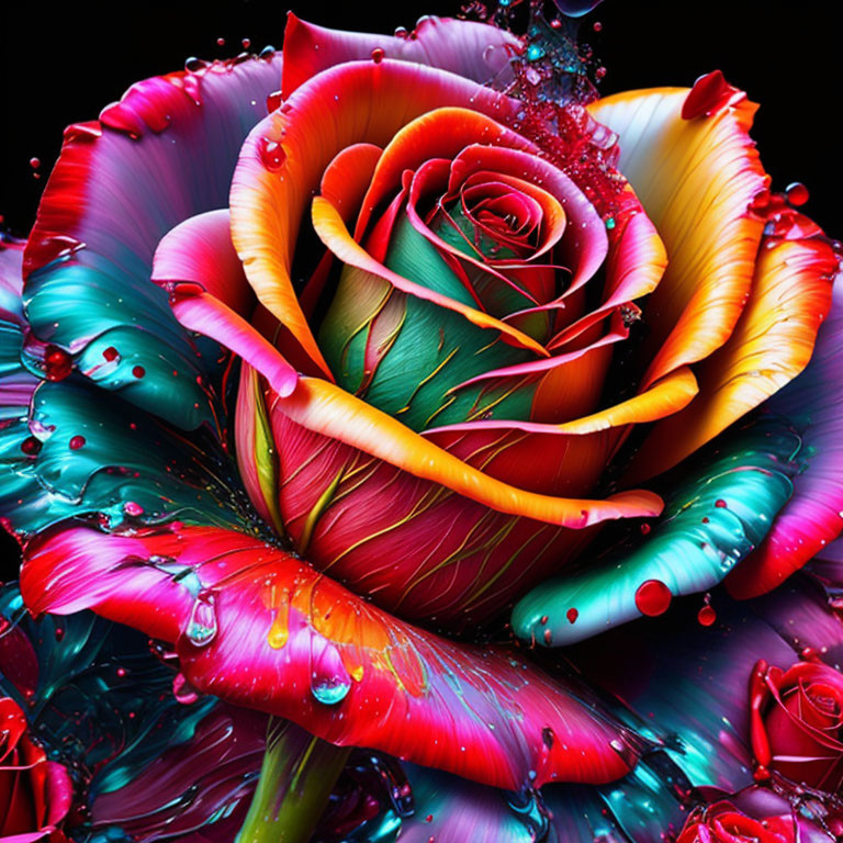 Colorful Rose with Red, Yellow, and Teal Hues and Water Droplets