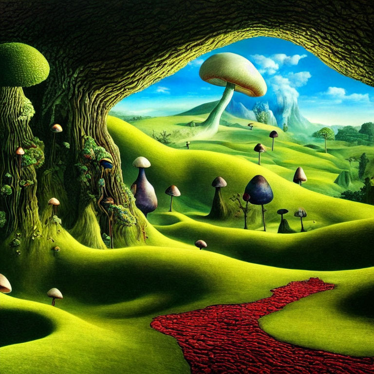 Surreal landscape with green hills, oversized mushrooms, red path