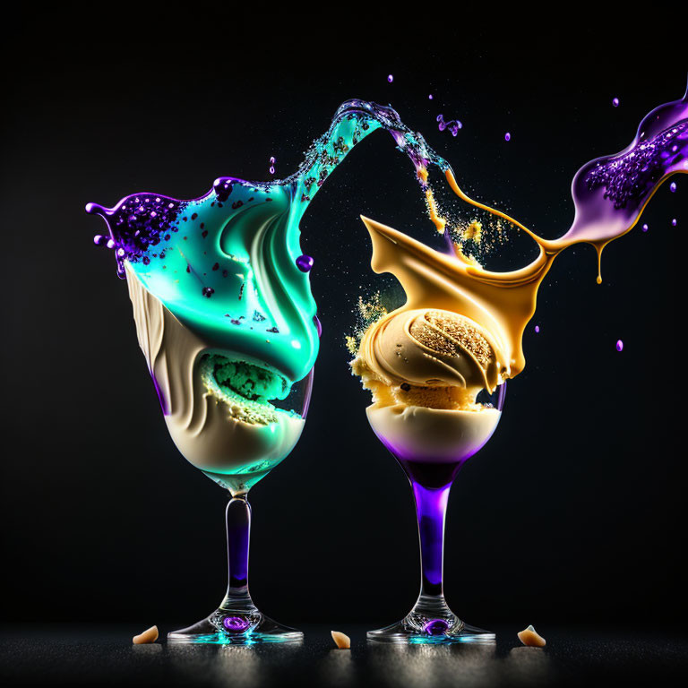 Colorful liquid splashing glasses with cookies on dark background