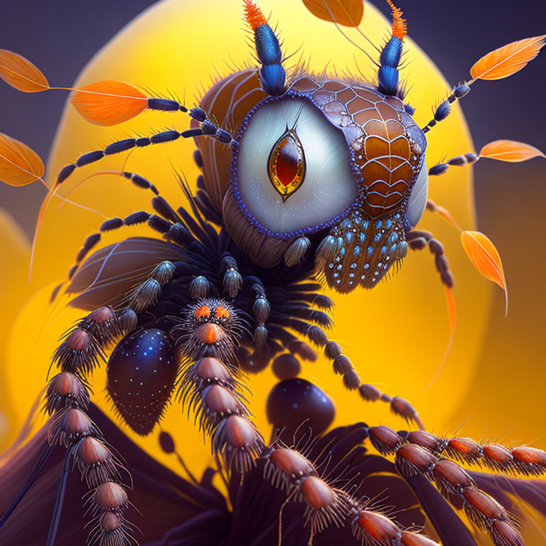 Vibrant Blue Fantastical Insect Illustration on Orange Background