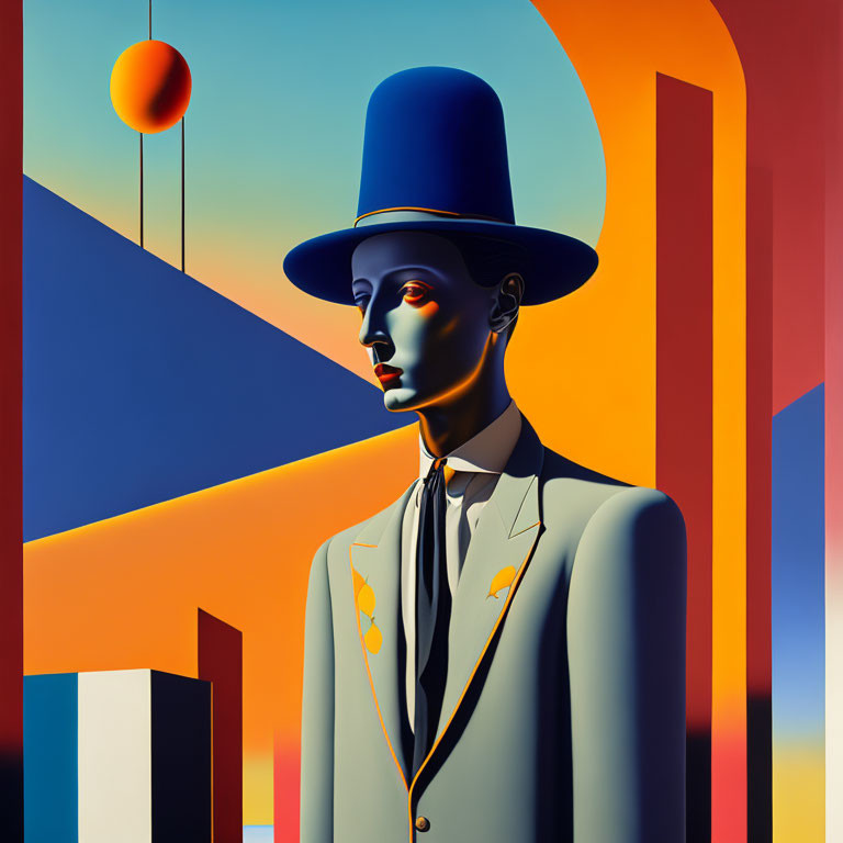 Geometric figure in suit and top hat with warm color palette