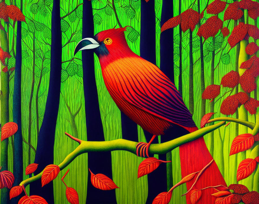 Colorful bird on green branch in lush forest landscape